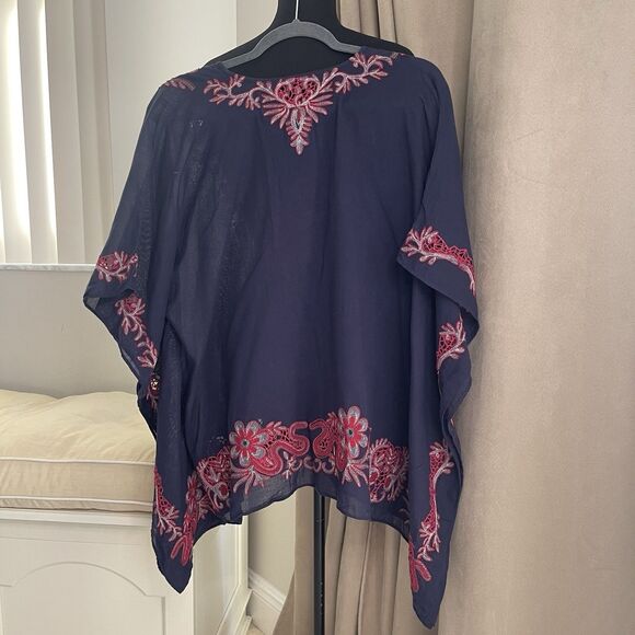 Anthropologie TRYB 212 Sahara Mural Embroidered Blue Cotton V-Neck Top Size M - Picture 2 of 4
